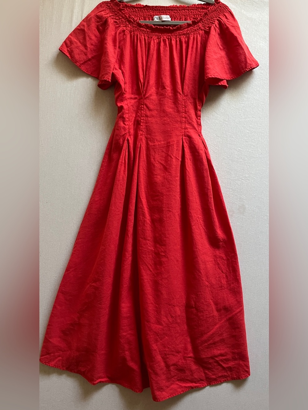 Zara Smocked Waist Linen Blend Midi Dress Flutter Sleeve Size XS